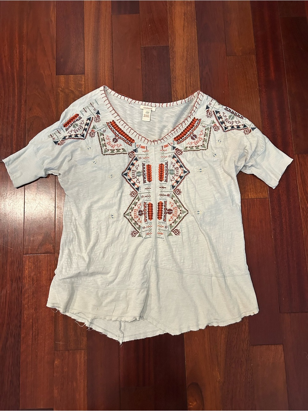 Sundance Light Grey Boho Embroidered V-Neck Women’s 100% Cotton Top Hippie Gypsy